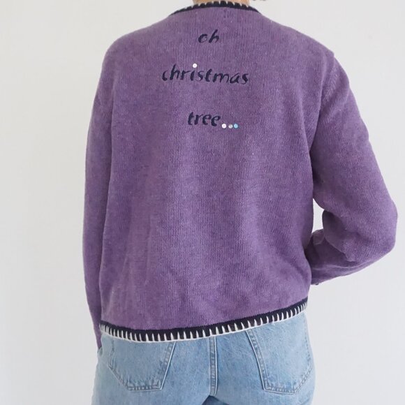 VTG Christopher & Banks Purple Floral Tree Embroidered Christmas Sweater L - Picture 2 of 9